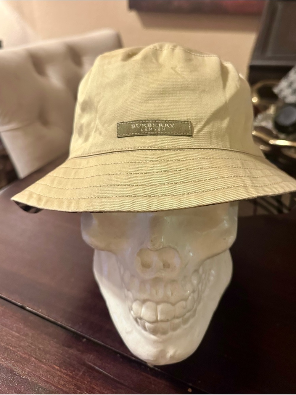 Burberry Reversible Khaki/Plaid Bucket Hat with Branded Patch